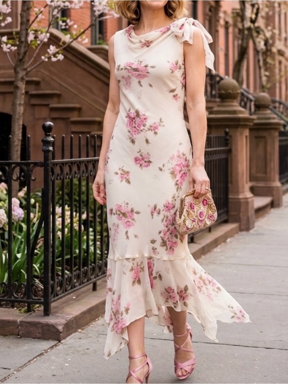 Vtg CDC Petite Floral Maxi Dress 8 Carrie Bradshaw Beaded Fairy Feminine Event